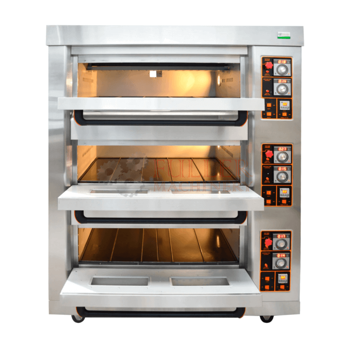 El horno multiusos "Horno 3 Cabinas 6 Bandejas" es una solución de alta gama para panaderías, pizzerías, y establecimientos de preparación de carnes y otros alimentos. Este equipo, fabricado en acero inoxidable calibre 304, ofrece robustez y durabilidad, combinado con la flexibilidad de operar con gas natural o propano. Sus características avanzadas lo hacen ideal para negocios que requieren un rendimiento confiable y versátil.