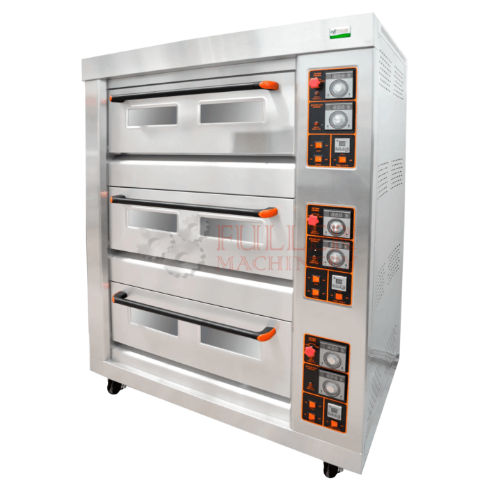 El horno multiusos "Horno 3 Cabinas 6 Bandejas" es una solución de alta gama para panaderías, pizzerías, y establecimientos de preparación de carnes y otros alimentos. Este equipo, fabricado en acero inoxidable calibre 304, ofrece robustez y durabilidad, combinado con la flexibilidad de operar con gas natural o propano. Sus características avanzadas lo hacen ideal para negocios que requieren un rendimiento confiable y versátil.