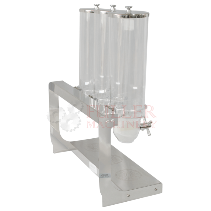 Dispensador de cereales de 3 tanques con capacidad total de 10L, base de acero y tanques de acrílico, ideal para almacenar alimentos secos