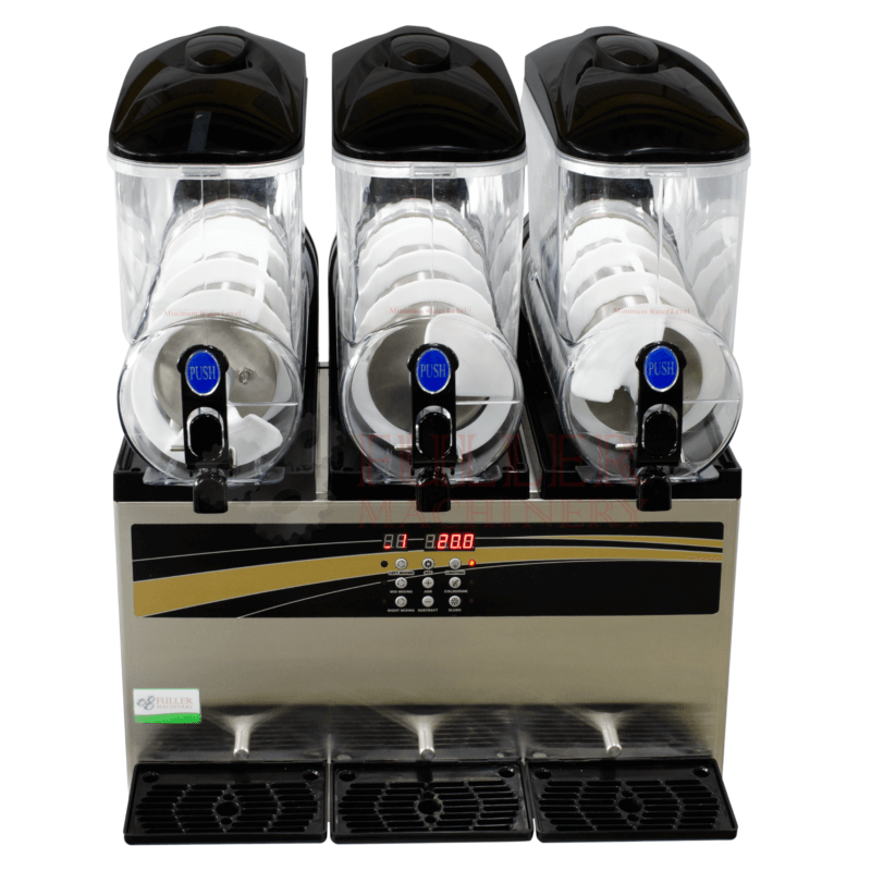 Granizadora profesional de acero inoxidable con tablero digital y aspas giratorias para evitar asentamientos, ideal para bebidas granizadas.