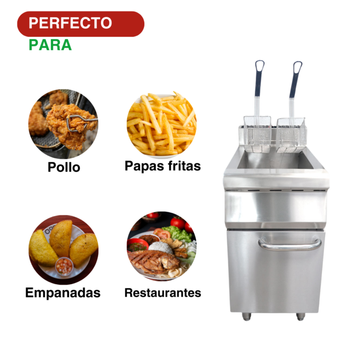 Freidora a gas de piso con 2 tanques, capacidad de 30 litros, ideal para negocios de comida rápida