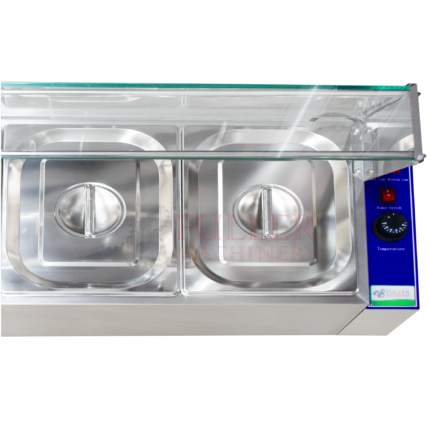 Baño María eléctrico de 5 azafates de acero inoxidable, ideal para mantener alimentos calientes en restaurantes y buffets.