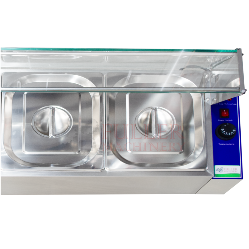 Baño María eléctrico de 5 azafates de acero inoxidable, ideal para mantener alimentos calientes en restaurantes y buffets.
