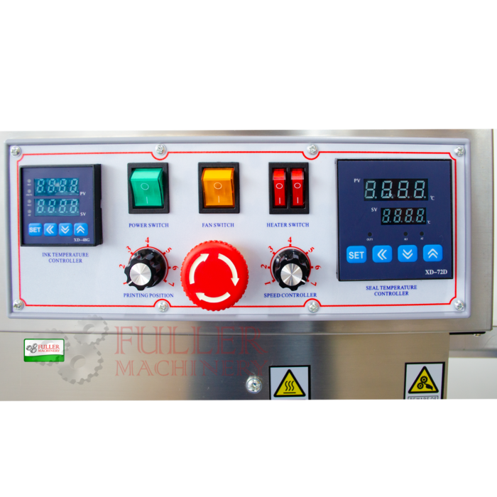 Selladora de banda continua horizontal y vertical con impresión de tinta, ideal para empaque industrial y codificación de productos