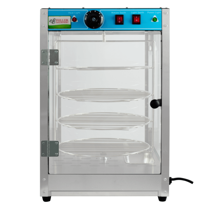 Vitrina calefactora para pizza de 12 pulgadas con 4 niveles, sistema de calentamiento con vapor y estructura de acero inoxidable y vidrio templado.