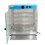 Vitrina calefactora para pizza de 18 pulgadas con 4 niveles, sistema de calentamiento con vapor y estructura de acero inoxidable y vidrio templado.