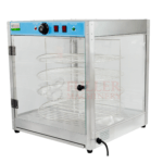 Vitrina calefactora para pizza de 18 pulgadas con 4 niveles, sistema de calentamiento con vapor y estructura de acero inoxidable y vidrio templado.