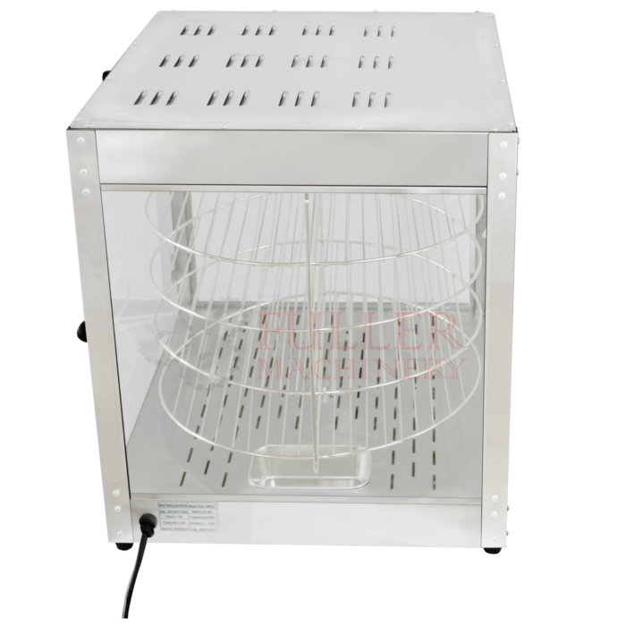 Vitrina calefactora para pizza de 18 pulgadas con 4 niveles, sistema de calentamiento con vapor y estructura de acero inoxidable y vidrio templado.