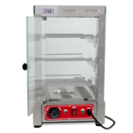 Vitrina de calefacción Ref. 701 en acero inoxidable y vidrio templado, con puerta abatible y estantes de acero para exhibición de alimentos calientes.