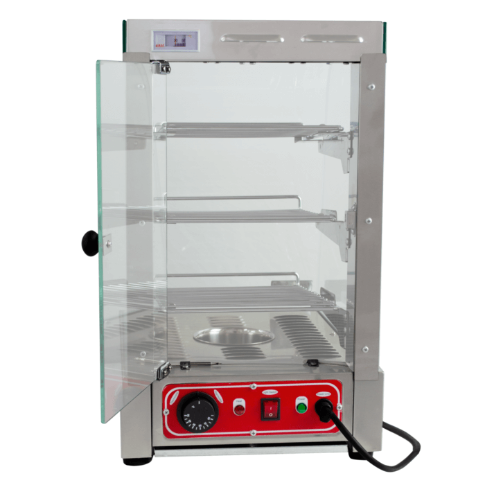 Vitrina de calefacción Ref. 701 en acero inoxidable y vidrio templado, con puerta abatible y estantes de acero para exhibición de alimentos calientes.