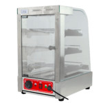 Vitrina de calefacción Ref. 701 en acero inoxidable y vidrio templado, con puerta abatible y estantes de acero para exhibición de alimentos calientes.