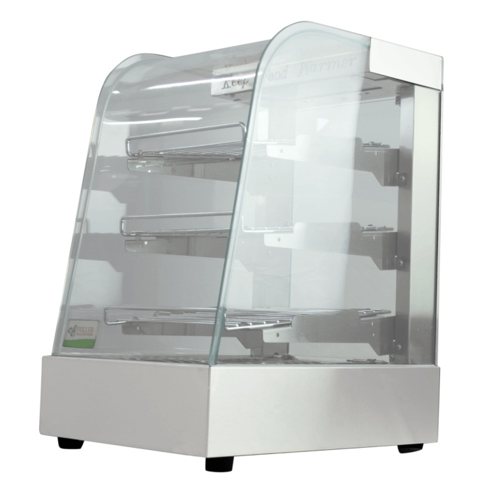 Vitrina de calefacción Ref. 701 en acero inoxidable y vidrio templado, con puerta abatible y estantes de acero para exhibición de alimentos calientes.