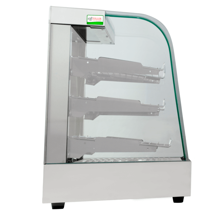 Vitrina de calefacción Ref. 701 en acero inoxidable y vidrio templado, con puerta abatible y estantes de acero para exhibición de alimentos calientes.