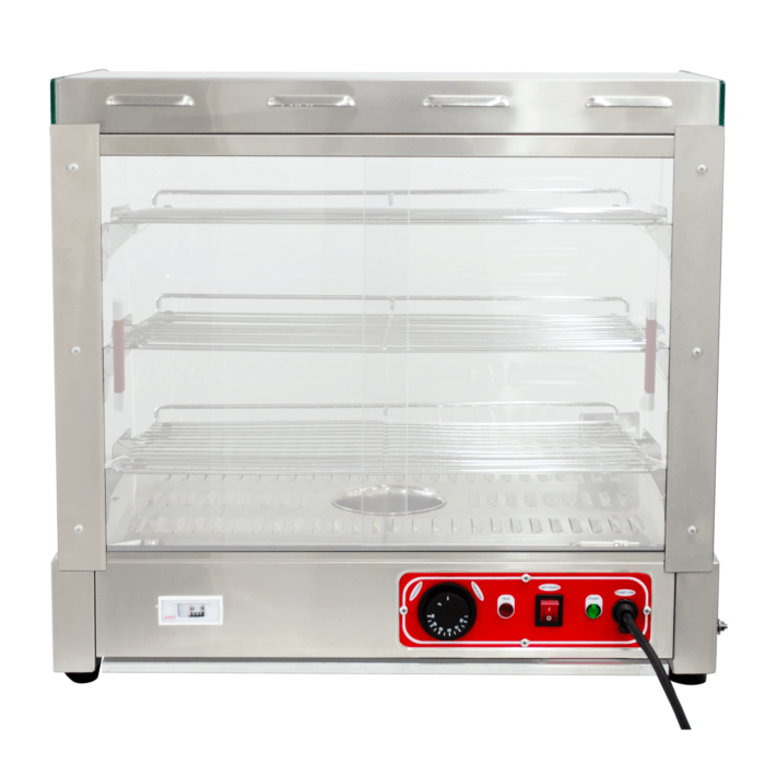 Vitrina de calefacción Ref 702 de acero inoxidable con vidrio curvado, ideal para mantener alimentos calientes como pizza, pollo y hamburguesas en negocios de comida