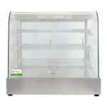 Vitrina de calefacción Ref 702 de acero inoxidable con vidrio curvado, ideal para mantener alimentos calientes como pizza, pollo y hamburguesas en negocios de comida