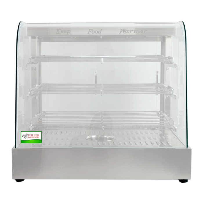 Vitrina de calefacción Ref 702 de acero inoxidable con vidrio curvado, ideal para mantener alimentos calientes como pizza, pollo y hamburguesas en negocios de comida