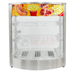 Vitrina de calefacción modelo D1PB de Fuller Machinery con vidrio curvado, iluminación interna y estructura en acero inoxidable para exhibición de alimentos calientes.