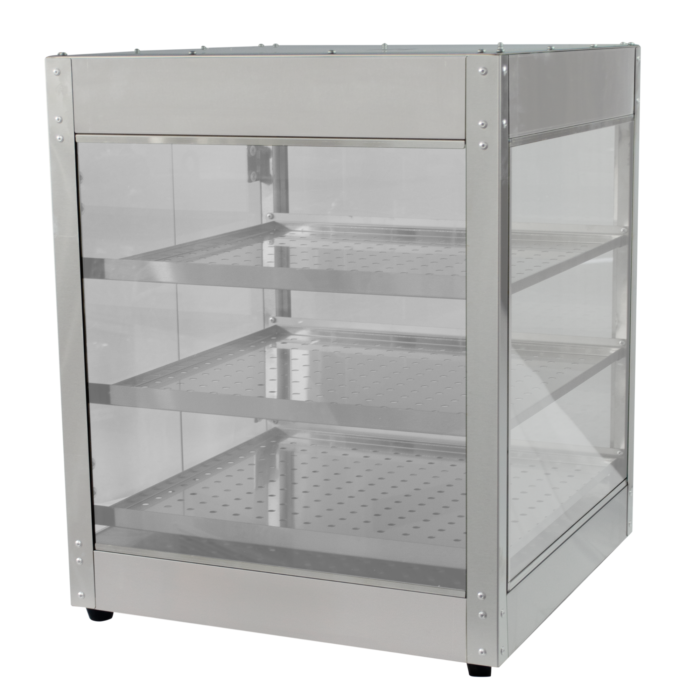 Vitrina de calefacción Fuller Machinery D1PL en acero inoxidable y vidrio templado, ideal para mantener alimentos calientes en panaderías, restaurantes y cafeterías