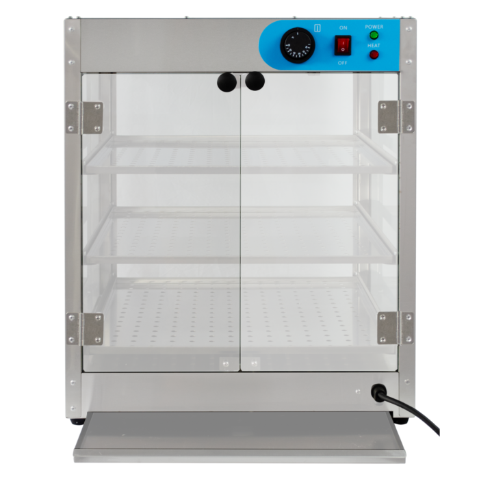 Vitrina de calefacción Fuller Machinery D1PL en acero inoxidable y vidrio templado, ideal para mantener alimentos calientes en panaderías, restaurantes y cafeterías