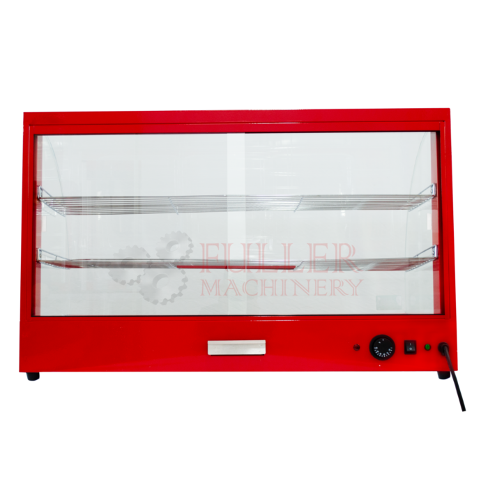 Vitrina de calefacción LD3P de Fuller Machinery en color rojo, fabricada en acero inoxidable y vidrio templado, con una capacidad de 30 kg y sistema de calentamiento por vapor.