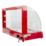 Vitrina de calefacción LD3P de Fuller Machinery en color rojo, fabricada en acero inoxidable y vidrio templado, con una capacidad de 30 kg y sistema de calentamiento por vapor.