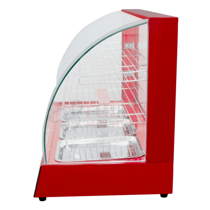 Vitrina de calefacción LD3P de Fuller Machinery en color rojo, fabricada en acero inoxidable y vidrio templado, con una capacidad de 30 kg y sistema de calentamiento por vapor.