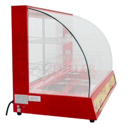 Vitrina de calefacción LD3P de Fuller Machinery en color rojo, fabricada en acero inoxidable y vidrio templado, con una capacidad de 30 kg y sistema de calentamiento por vapor.