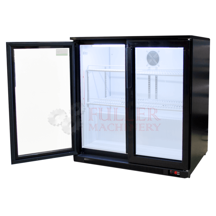 Refrigerador botellero mini de 2 puertas, ideal para bares y hoteles.