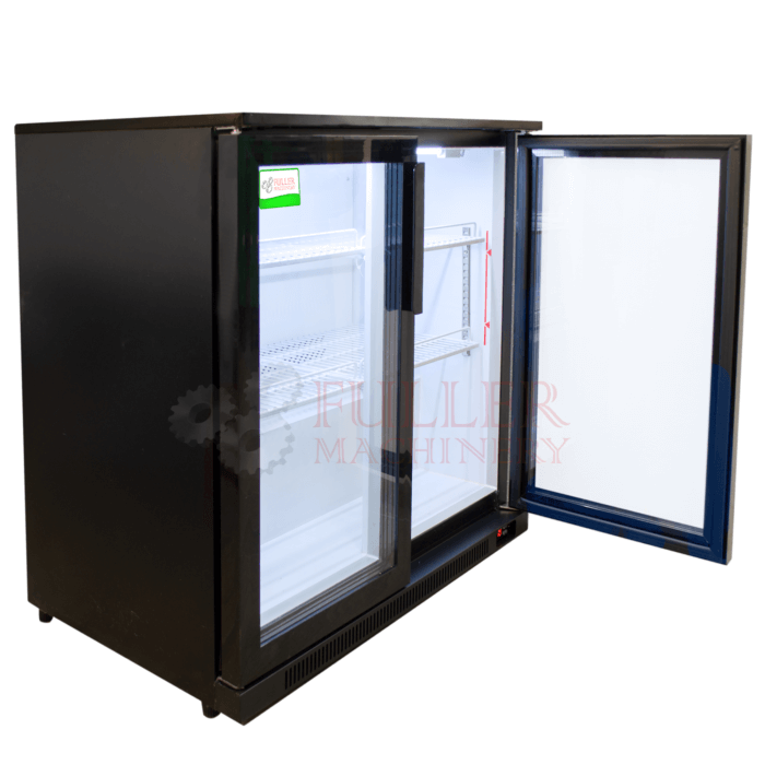 Refrigerador botellero mini de 2 puertas, ideal para bares y hoteles.