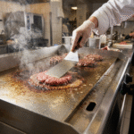 Cocinando hamburguesas en plancha eléctrica industrial Fuller alta temperatura