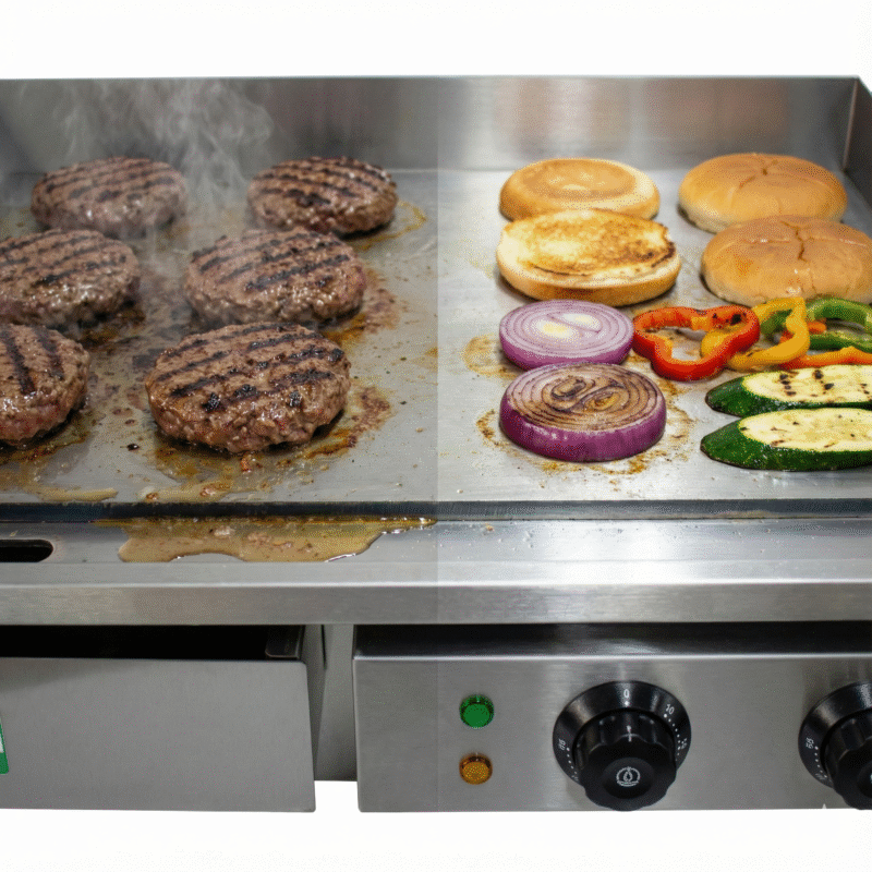 “Plancha cocina cocción simultanea carne y vegetales”